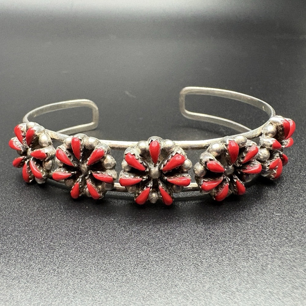 Vintage Zuni Cuff Bracelet Petit Point Sterling Silver Coral Native American 22g